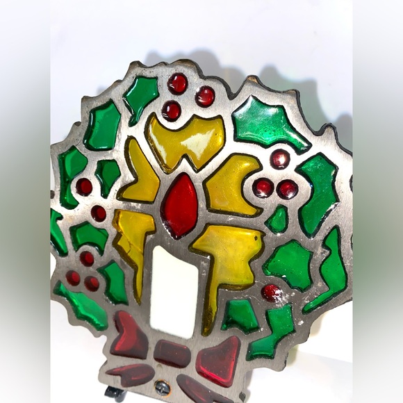 Vtg Candle Holder Cast Iron metal Stained Glass Wreath Holiday Christmas Taiwan - Picture 2 of 7